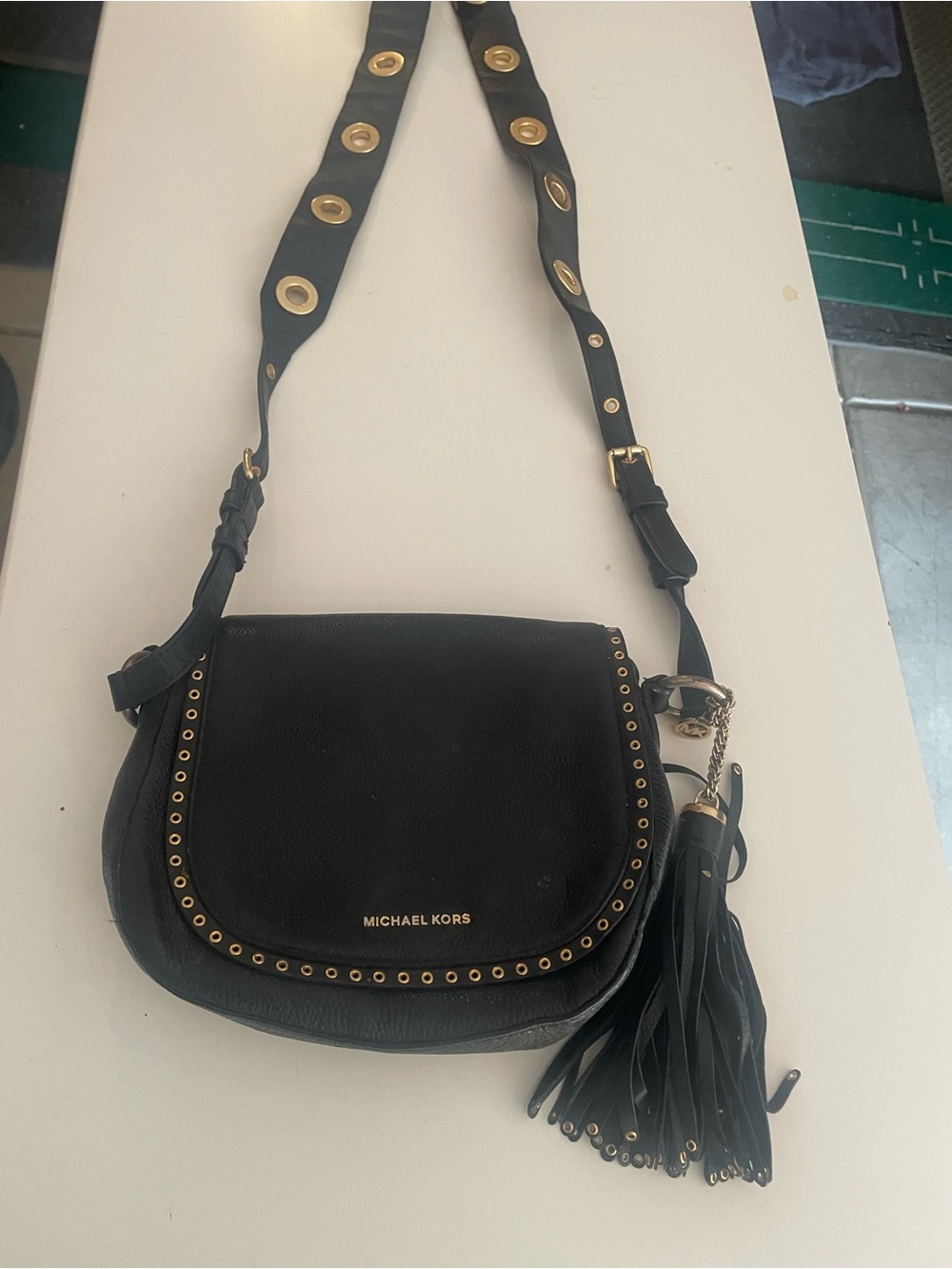 Michael Kors Brooklyn Medium Saddle Bag Black with Gold Tone Hardware